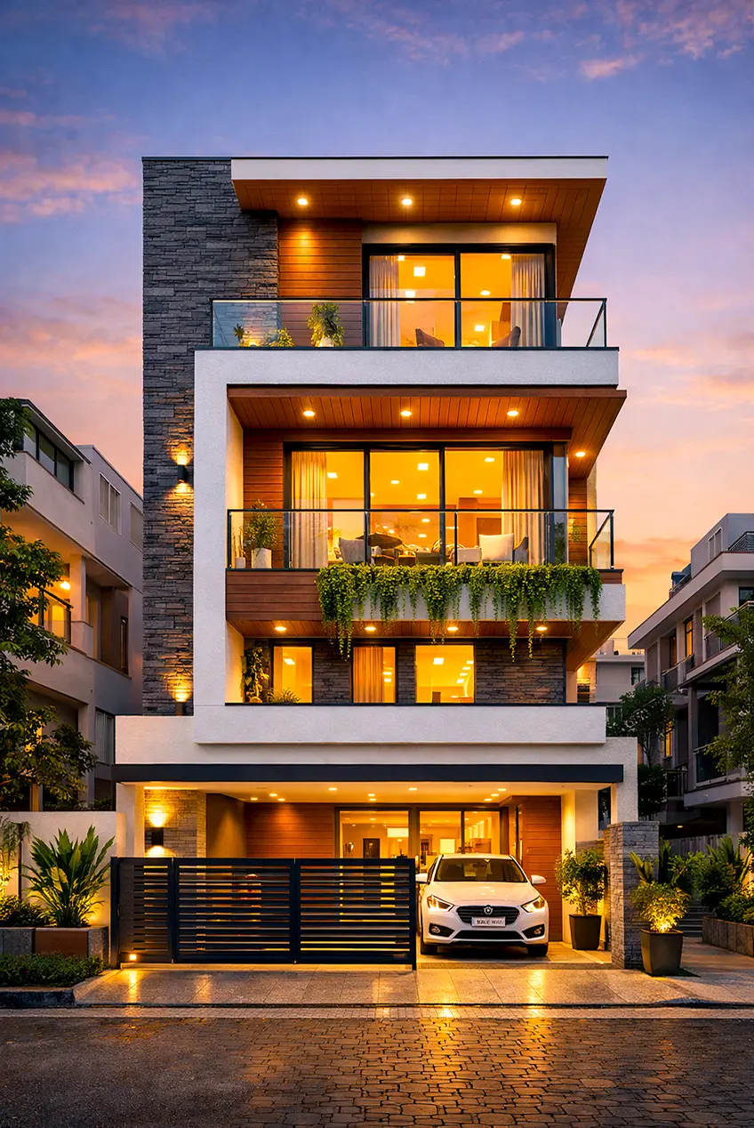 Modern G+3 Elevation Day & Night - Night View 3D exterior rendering and modern house elevation by Liza Homes