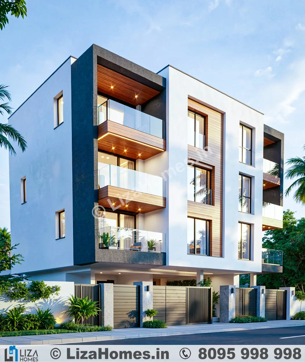 3D facade design - Modern glass facade G+3 apartment 3D exterior rendering