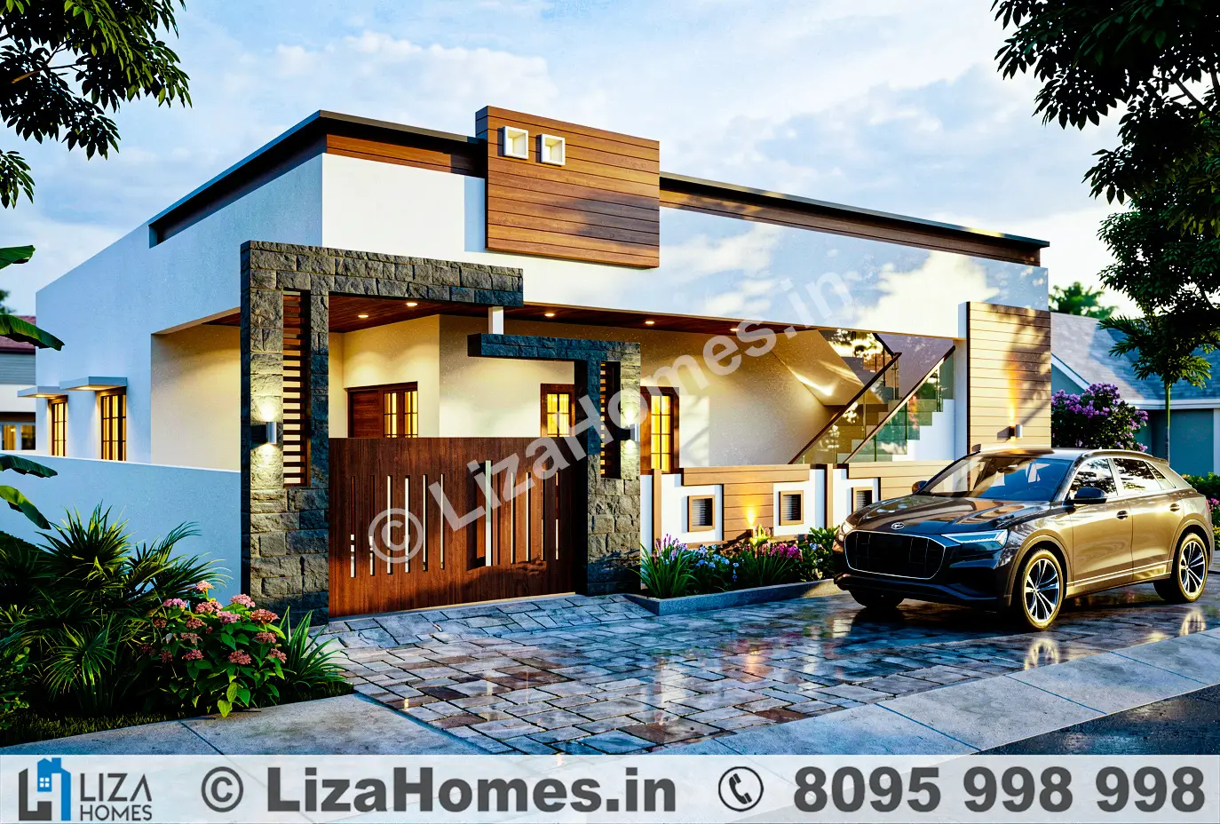 3D architectural design - Ground floor modern residential elevation and 3D house design