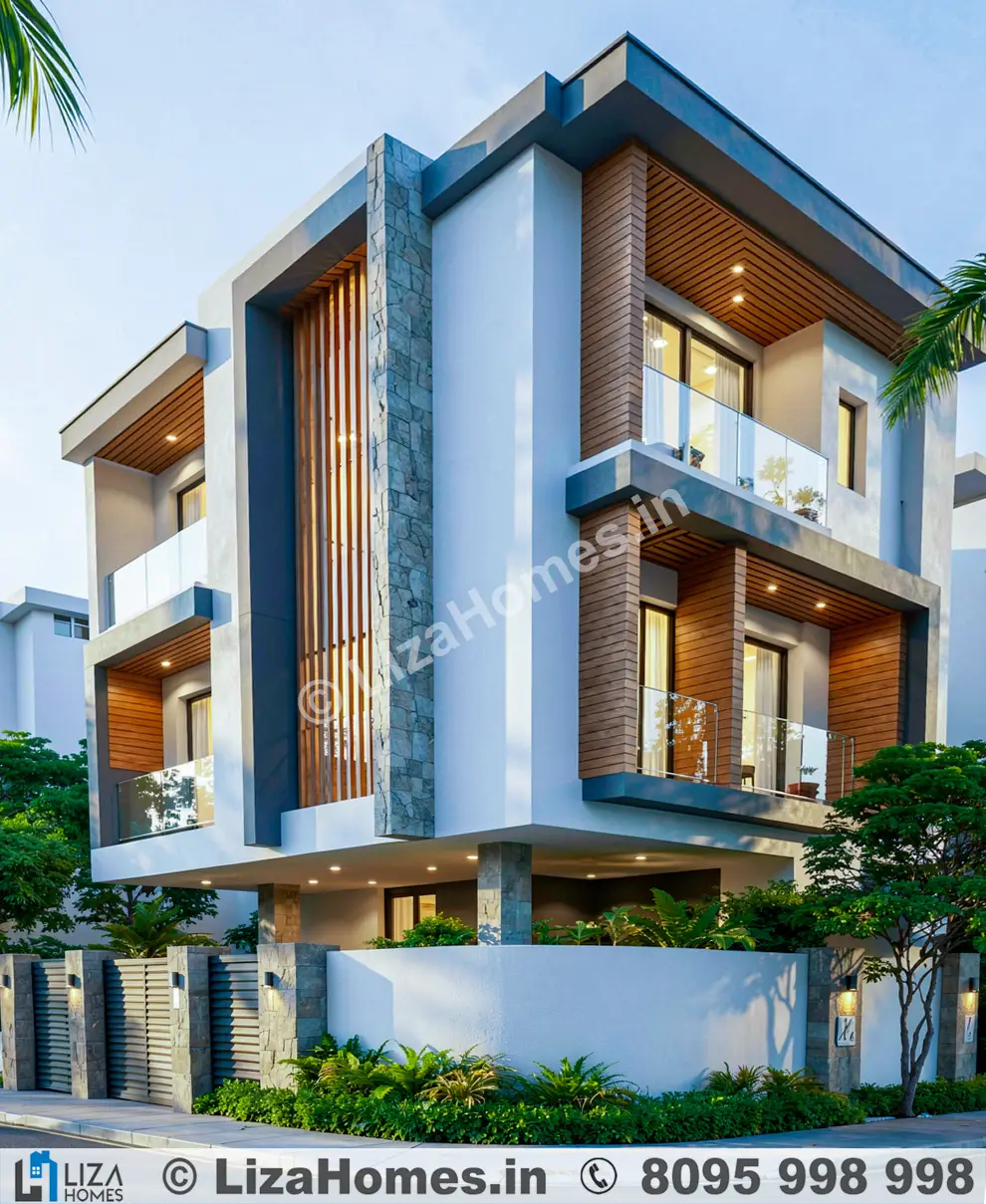 Modern house elevation - Urban corner plot G+2 elevation 3D exterior rendering
