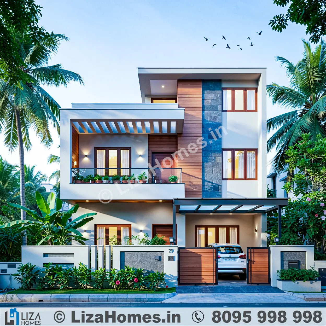 Residential exterior design - 3D architectural visualization of wooden finish house