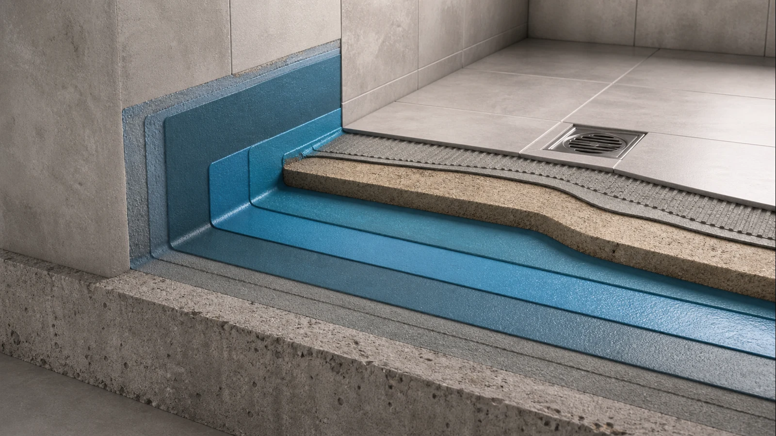Cross-section diagram showing 5 layers of bathroom waterproofing system in a Bengaluru home with proper membrane and protective plaster