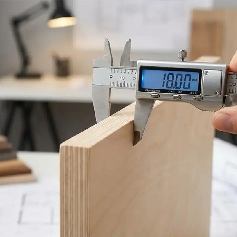Technical inspection of plywood quality: measuring thickness and checking for core gaps