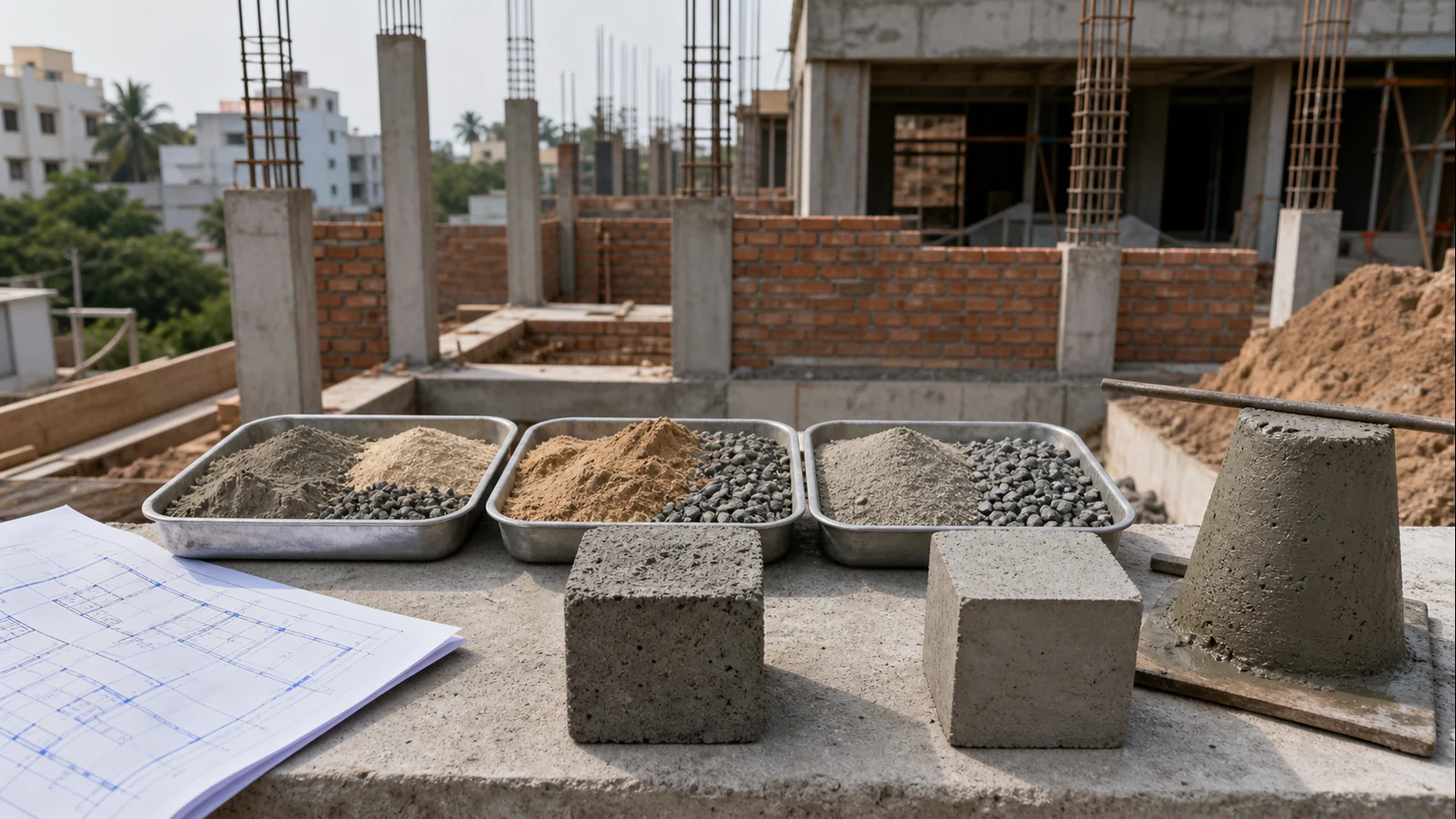 Concrete material samples and test cubes comparing weak site mix versus M25 concrete quality for Bengaluru homes