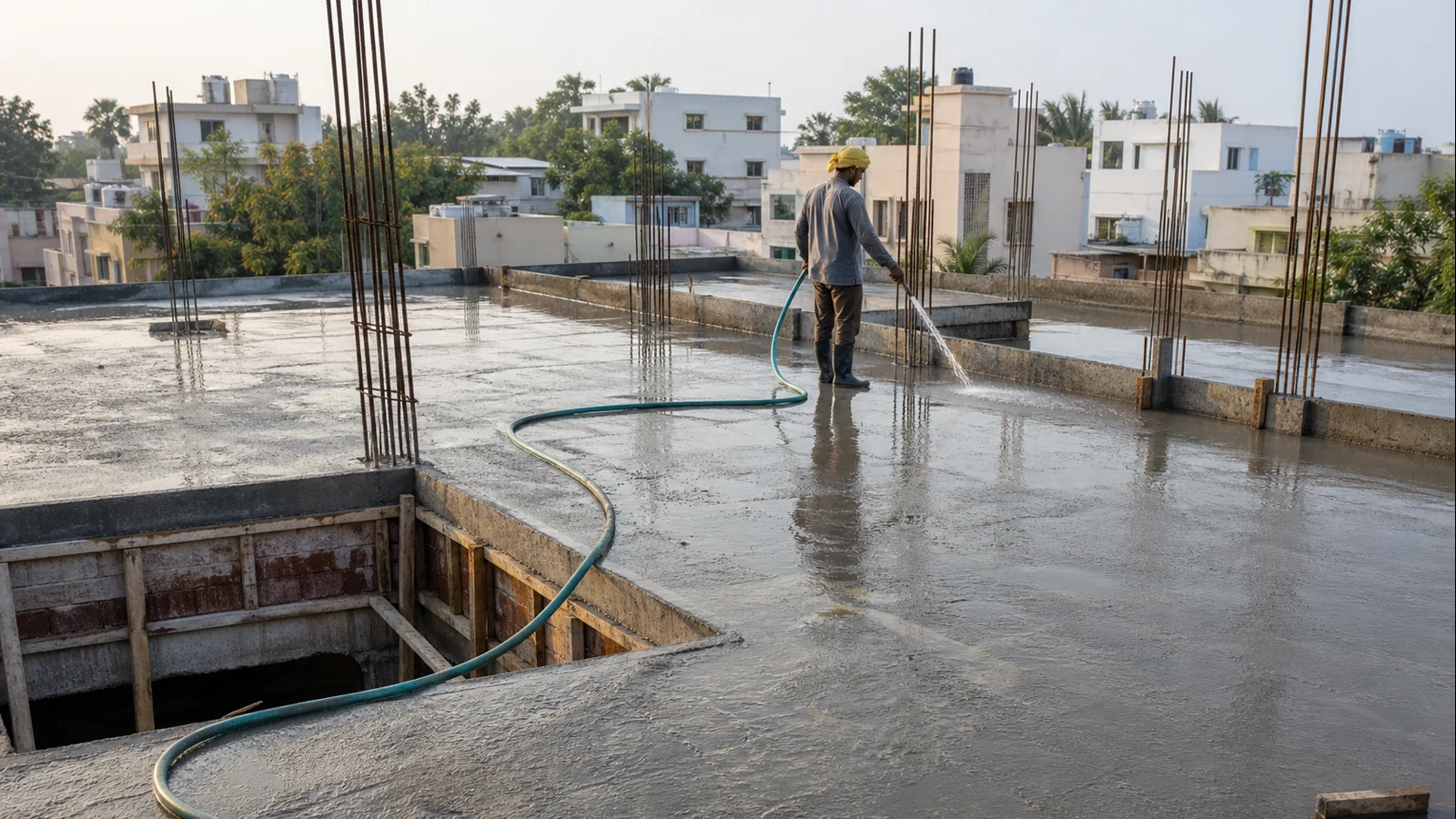 Worker spraying water on freshly poured Bengaluru roof slab during 14-day curing process in summer heat