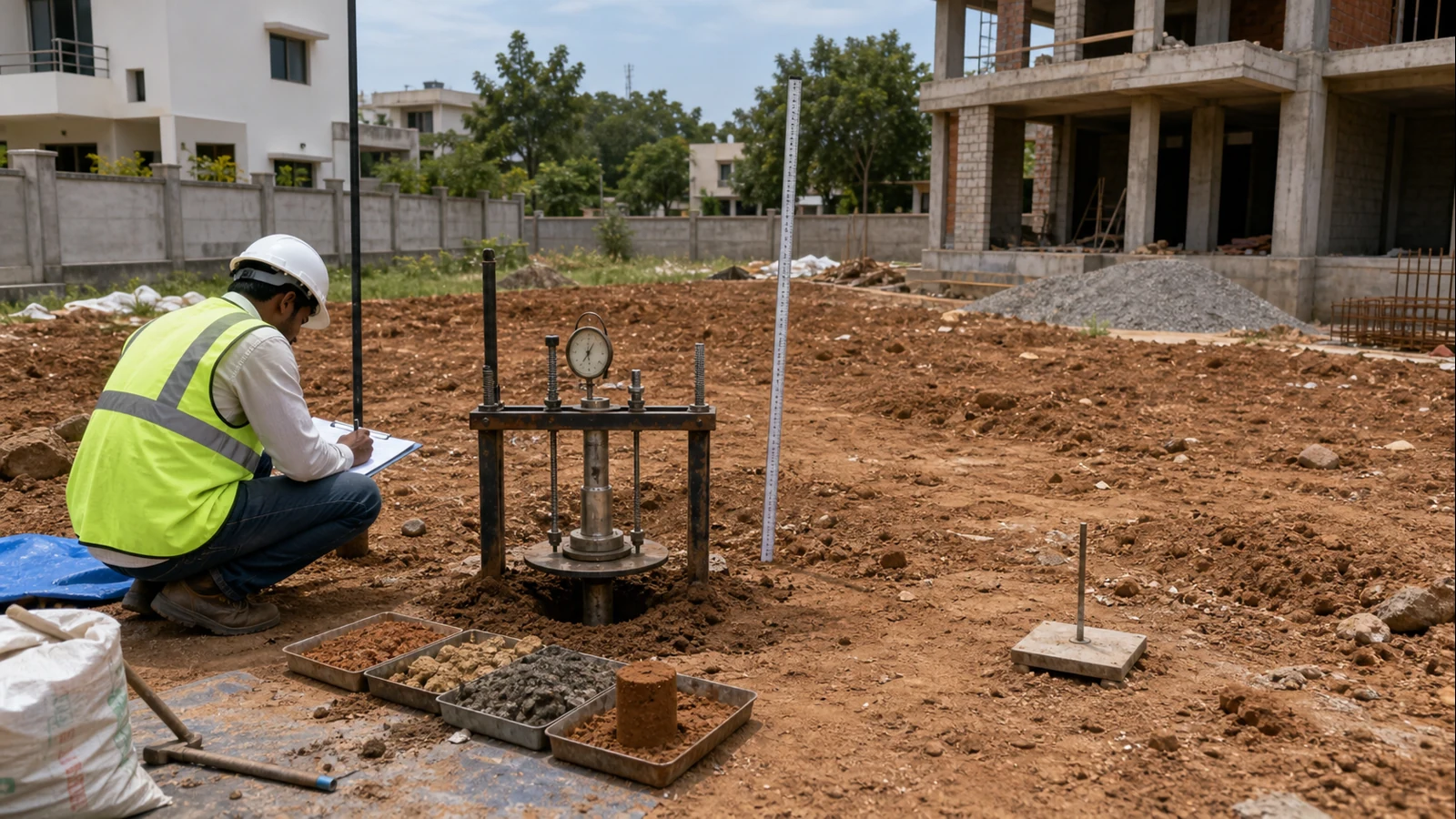 Geotechnical engineer conducting plate load test on a Bengaluru residential plot before construction begins
