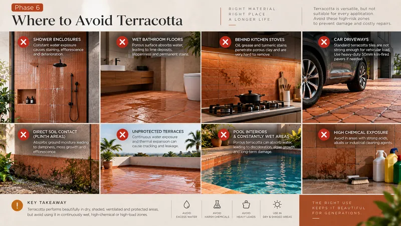 Critical maintenance warning guide illustrating why porous unglazed terracotta fails inside shower stalls, cooktop backsplashes and damp foundations