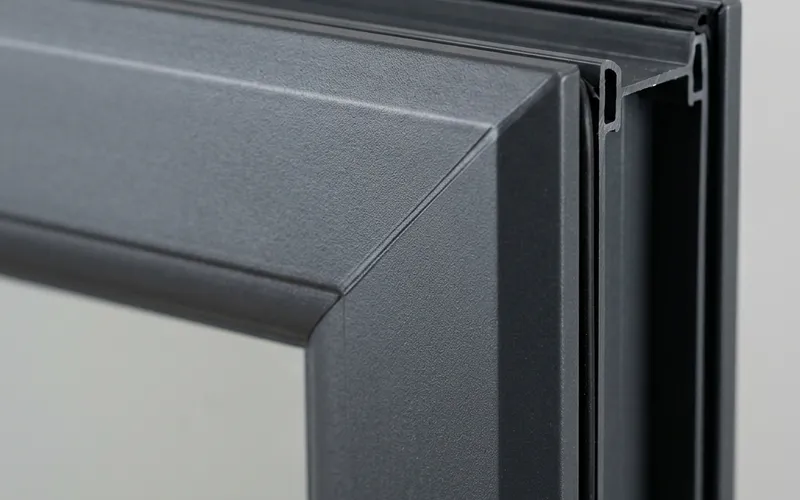 Seamless, high-quality fusion-welded miter corner joint on a matte charcoal grey uPVC frame