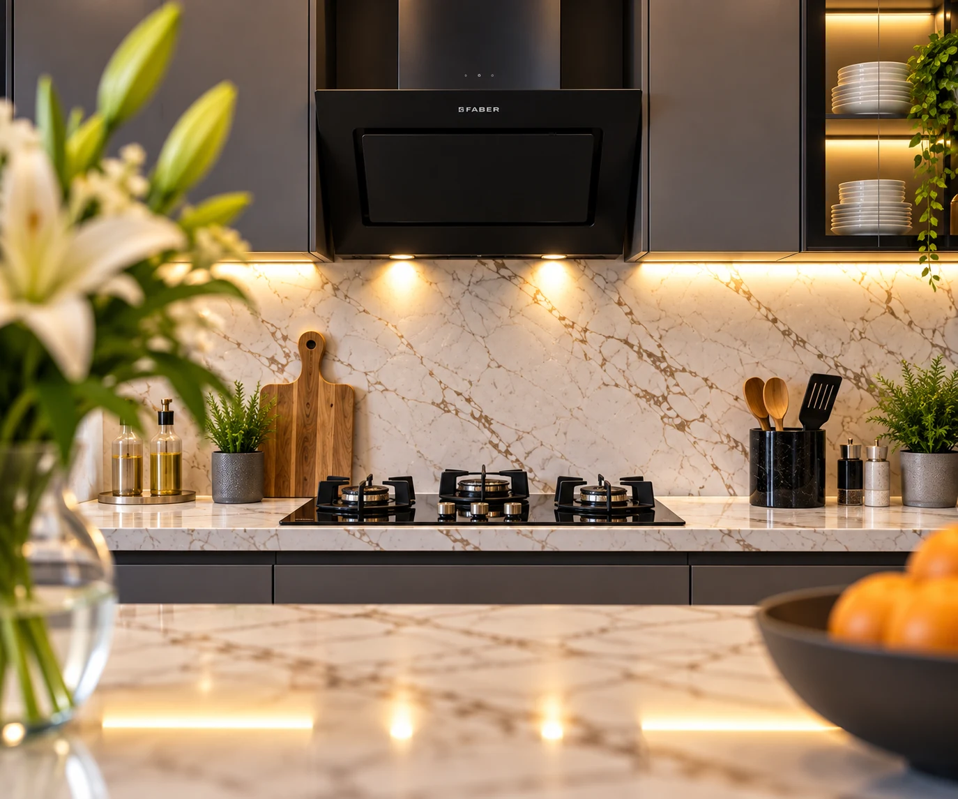 Marble Countertop & Cooktop Close-Up - The Lumina Culinary Suite (Project LP02)