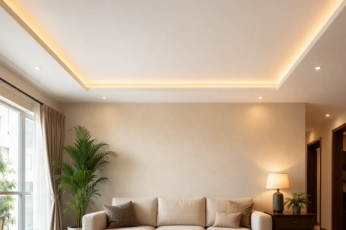 Peripheral gypsum tray false ceiling with a concealed warm 3000K LED cove strip in a Bengaluru living room