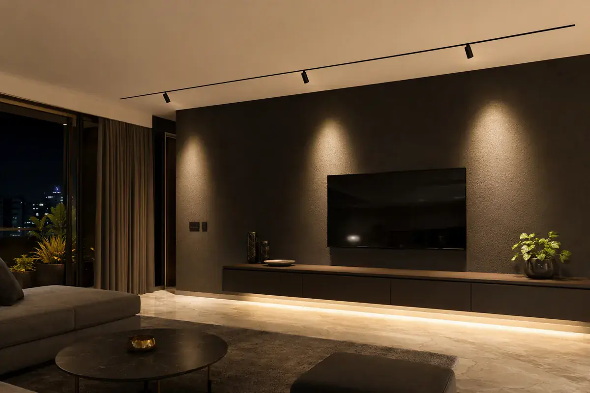 Recessed 48V magnetic track lighting with movable spot heads in a modern false ceiling