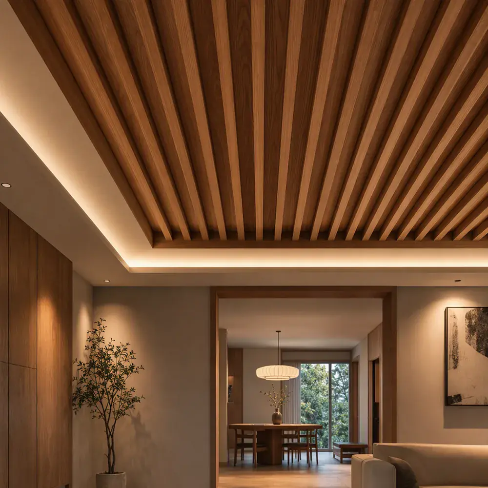 Wooden rafter slats set into a recessed white gypsum tray ceiling with concealed warm cove lighting