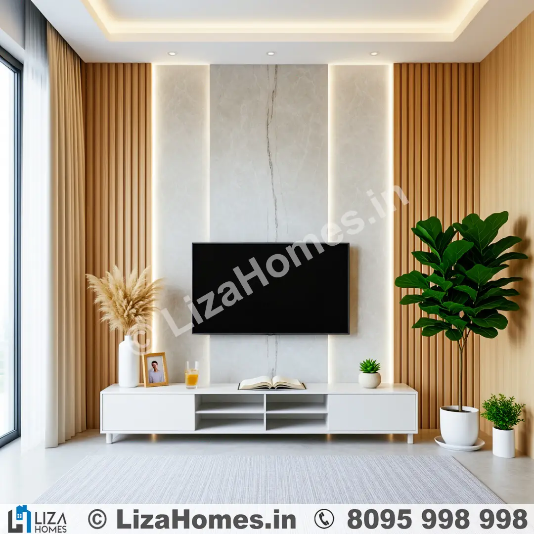 Contemporary Living Room Interior Design - 3D house design and 3D front elevation by Liza Homes Bengaluru