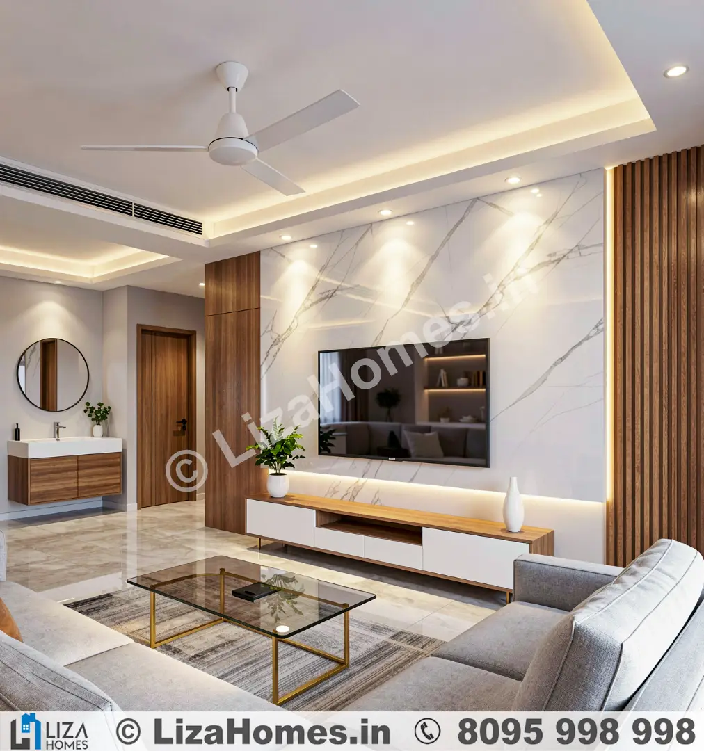 Contemporary Living Room TV Wall Design - 3D house design and 3D front elevation by Liza Homes Bengaluru