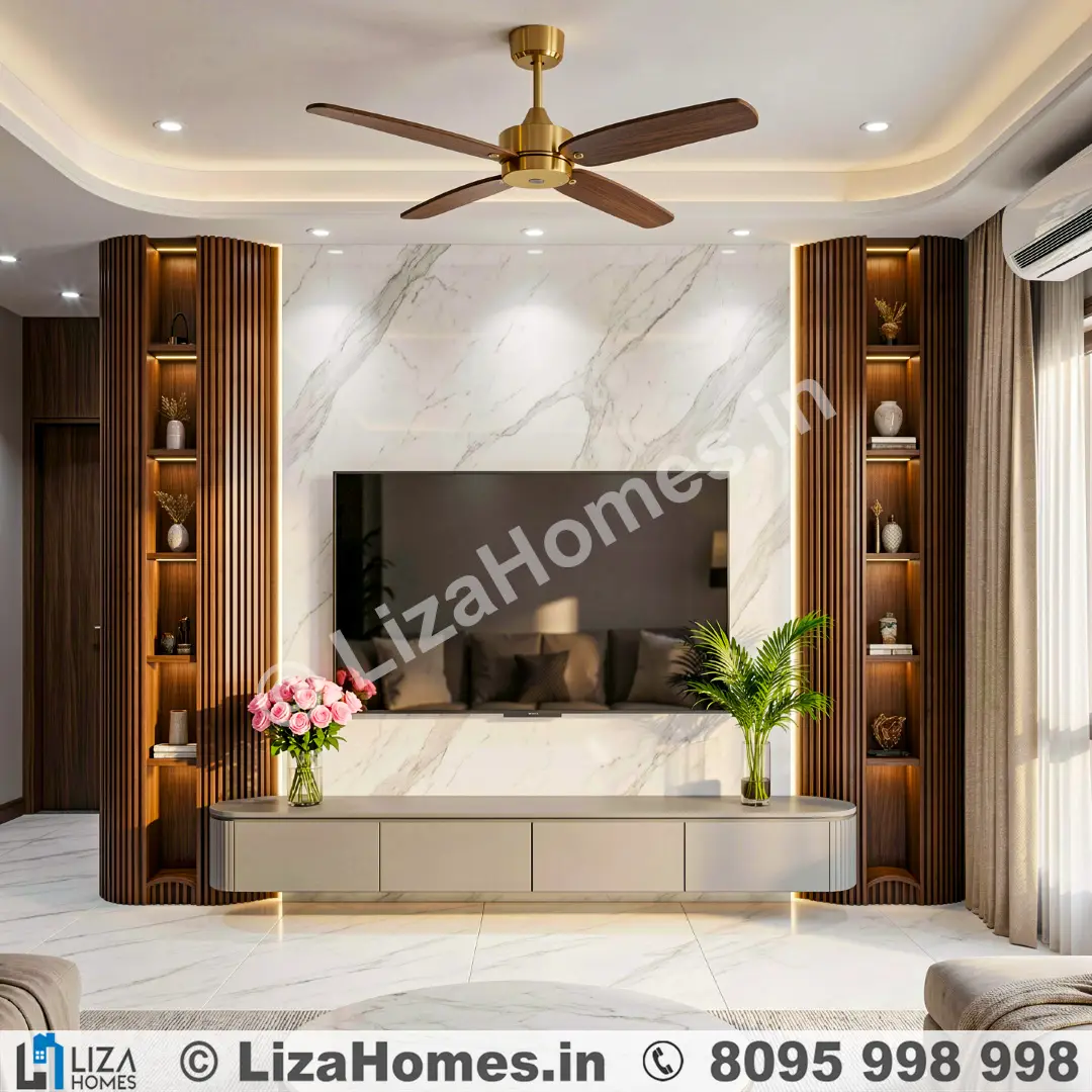 Minimalist White Marble TV Unit - 3D house design and 3D front elevation by Liza Homes Bengaluru