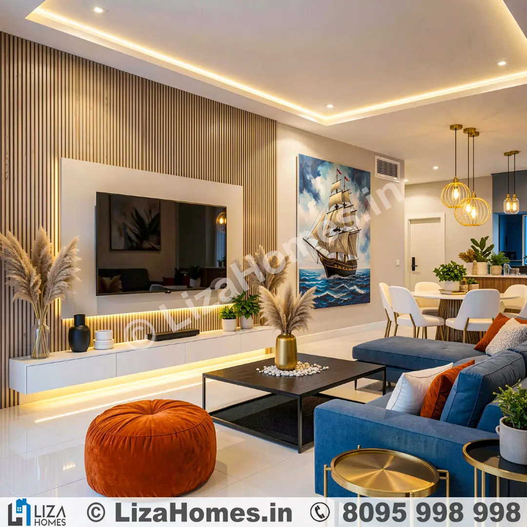 Modern Living Room Entertainment Center - 3D house design and 3D front elevation by Liza Homes Bengaluru