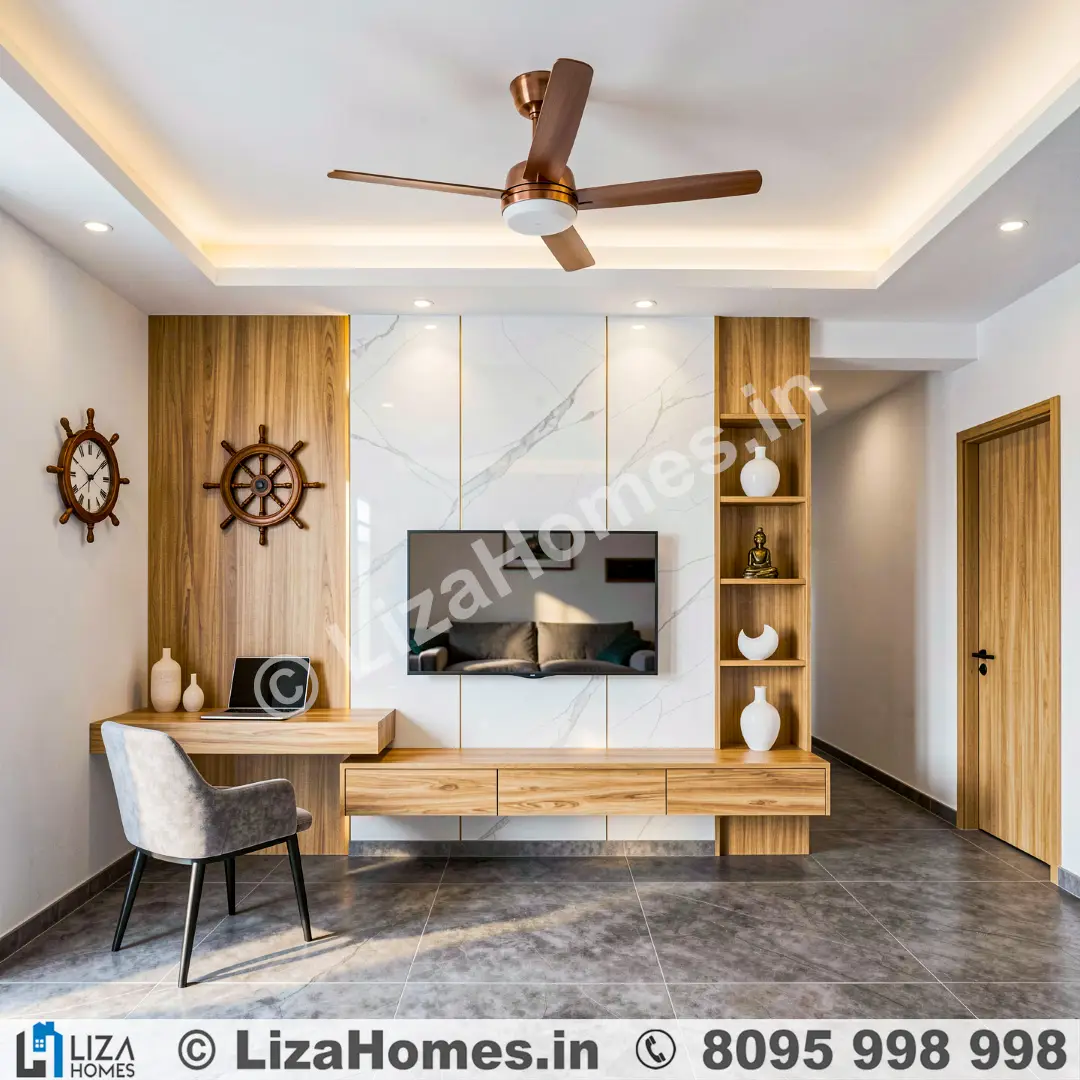 Modern Minimalist TV Unit with Study - 3D house design and 3D front elevation by Liza Homes Bengaluru
