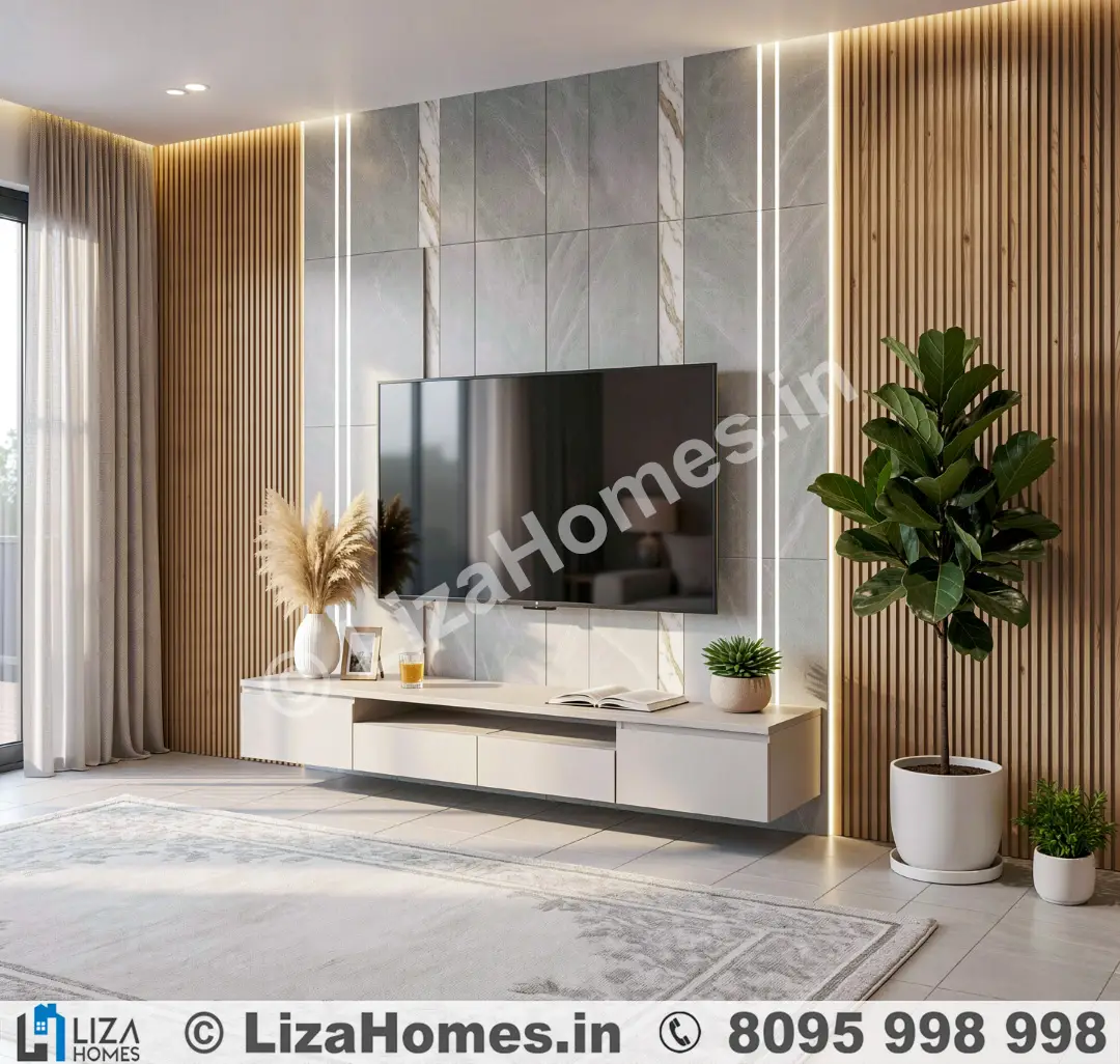 Modern TV Panel with LED Lighting - 3D house design and 3D front elevation by Liza Homes Bengaluru