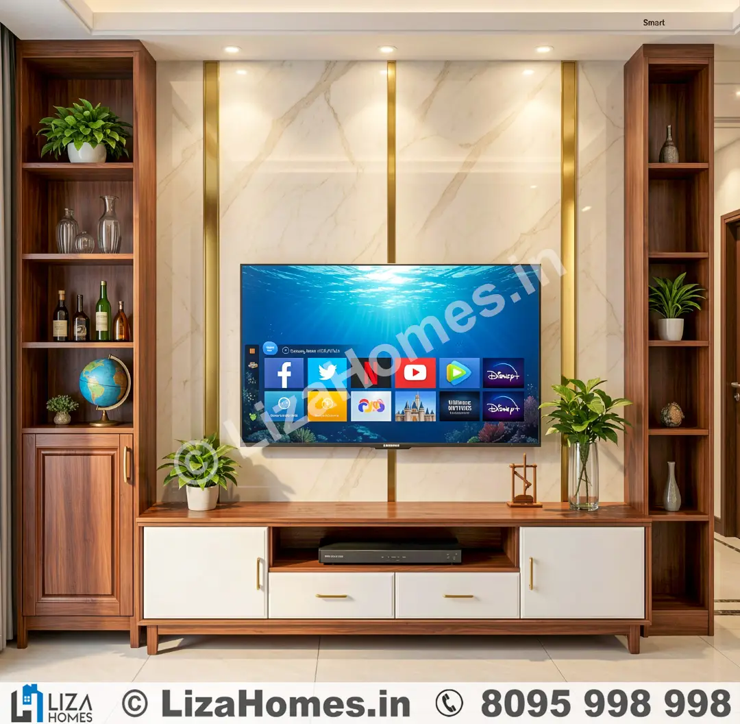 Stylish Apartment TV Unit Design - 3D house design and 3D front elevation by Liza Homes Bengaluru